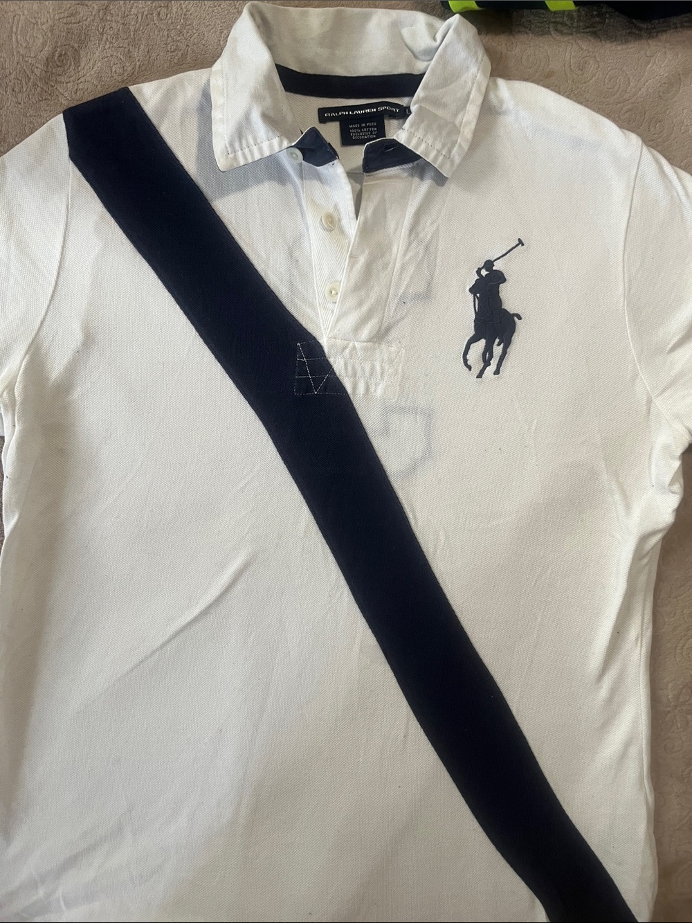 Ralph Lauren Men’s White Polo with Navy Diagonal Stripe